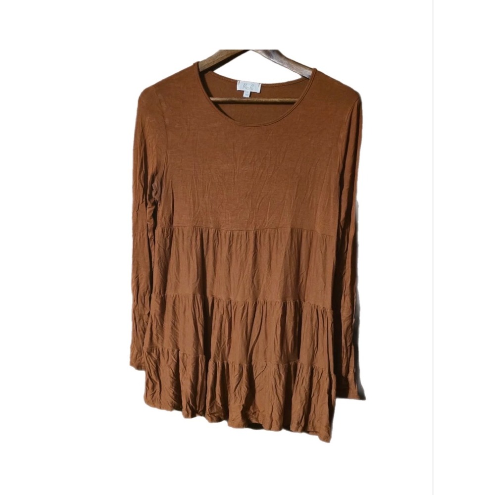 Riah Fashion Tiered Top Womens Large Brown Excellent Long Sleeve Babydoll Ruffle